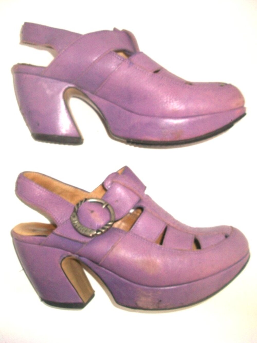 John Fluevog Lavendar Leather Slingback Platform Heels w Logo Buckle 10M